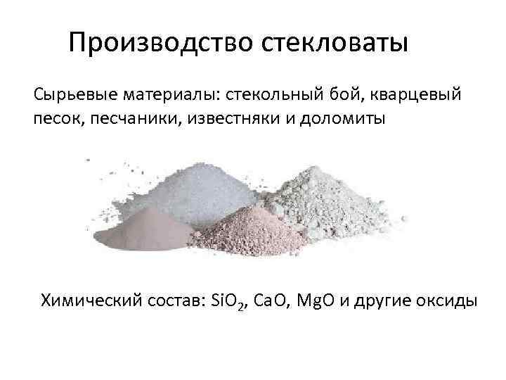 Производство стекловаты Сырьевые материалы: стекольный бой, кварцевый песок, песчаники, известняки и доломиты Химический состав: