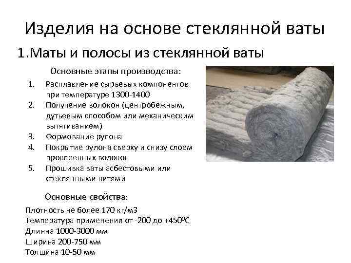 Изделия на основе стеклянной ваты 1. Маты и полосы из стеклянной ваты Основные этапы