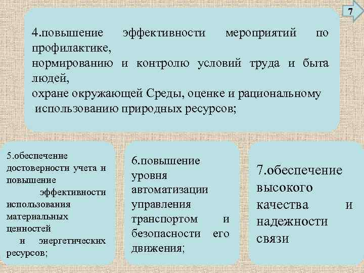 7 4. повышение эффективности мероприятий по профилактике, нормированию и контролю условий труда и быта