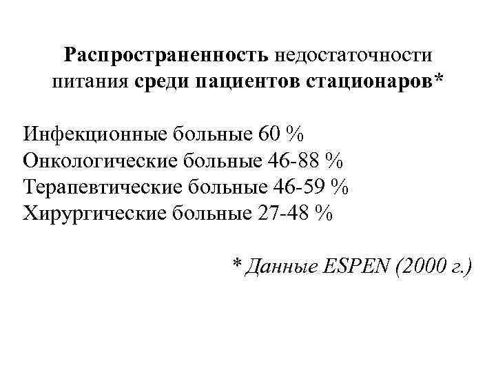 Распространенность недостаточности питания среди пациентов стационаров* Инфекционные больные 60 % Онкологические больные 46 -88