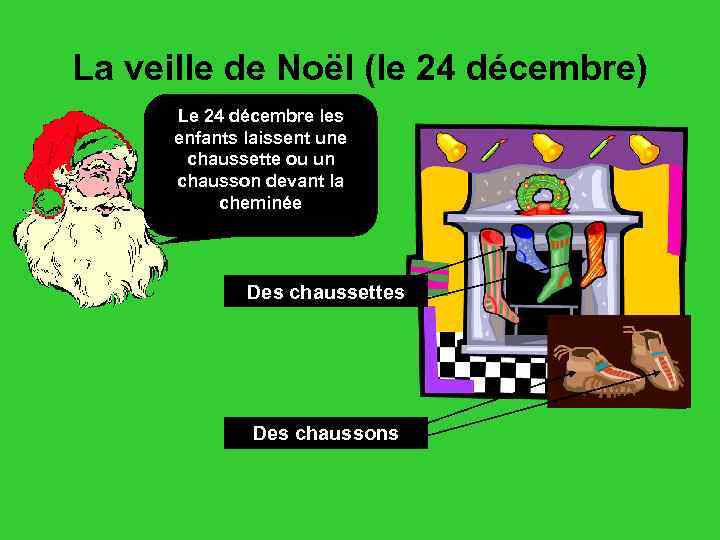 La veille de Noël (le 24 décembre) Le 24 décembre les enfants laissent une