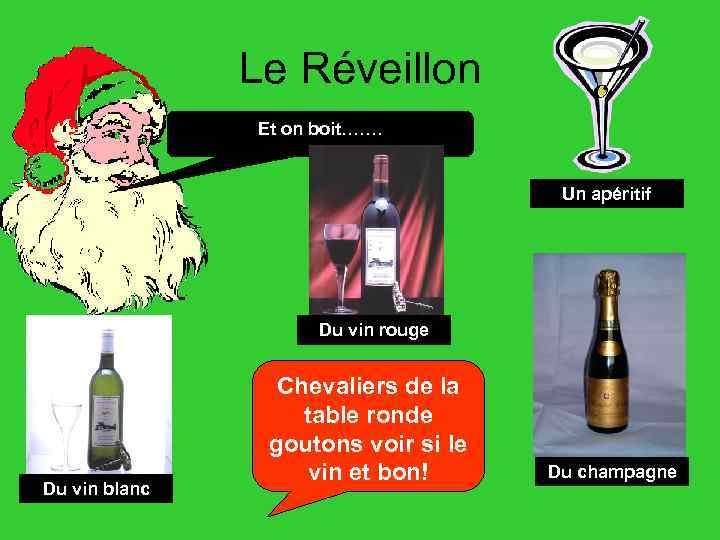 Le Réveillon Et on boit……. Un apéritif Du vin rouge Du vin blanc Chevaliers