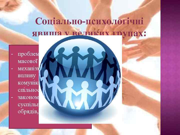Соціально-психологічні явища у великих групах: - проблеми масової комунікації, - механізми і ефективність впливу
