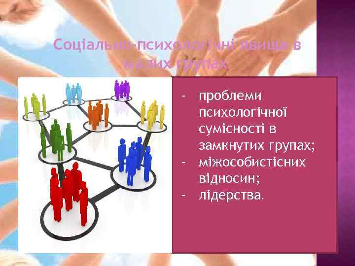 Соціально-психологічні явища в малих групах: - проблеми психологічної сумісності в замкнутих групах; - міжособистісних