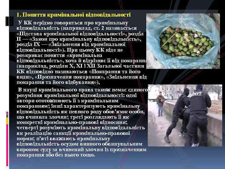 1. Поняття кримінальної відповідальності У КК нерідко говориться про кримінальну відповідальність (наприклад, ст. 2