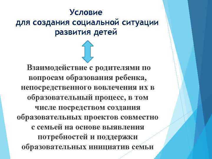 Условие для создания социальной ситуации развития детей Взаимодействие с родителями по вопросам образования ребенка,
