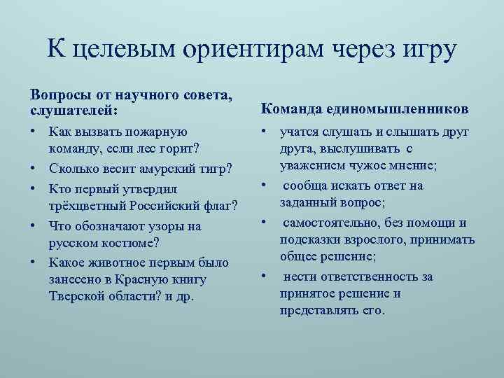 К целевым ориентирам через игру Вопросы от научного совета, слушателей: Команда единомышленников • Как