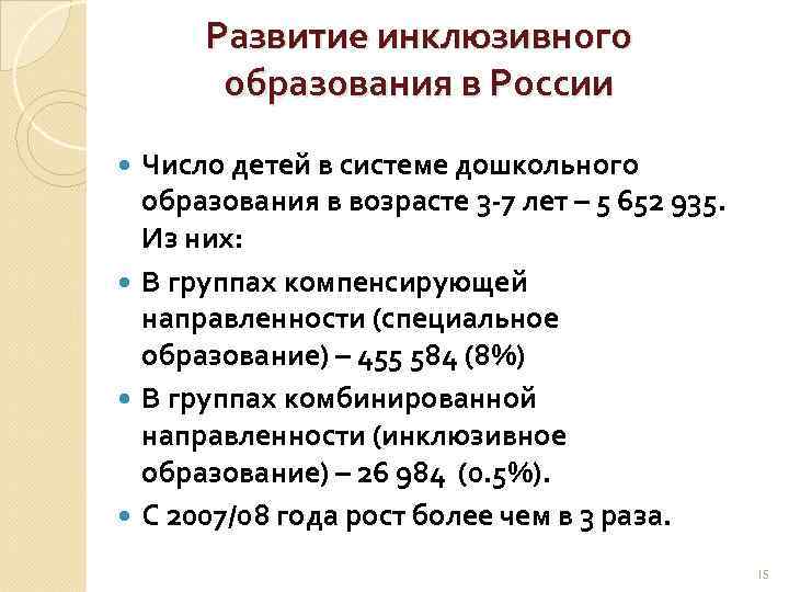 Развитие инклюзивного образования в России Число детей в системе дошкольного образования в возрасте 3