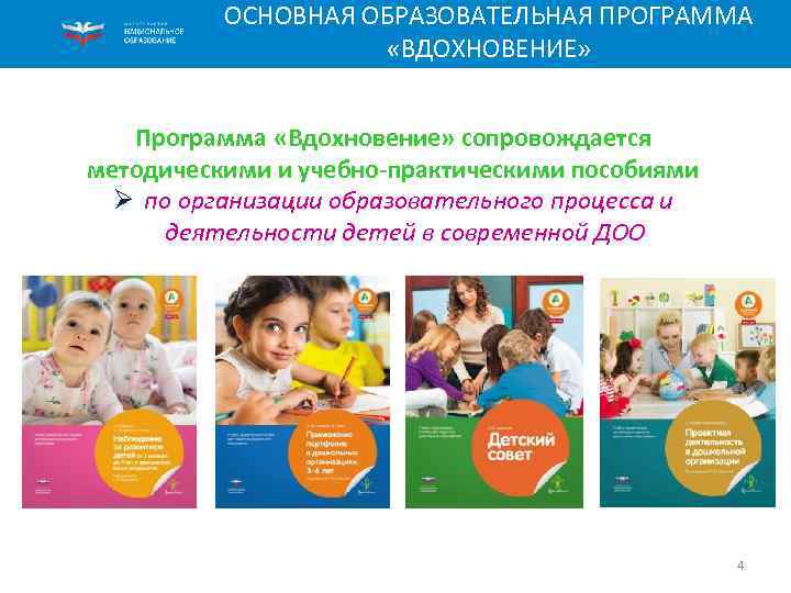 ОСНОВНАЯ ОБРАЗОВАТЕЛЬНАЯ ПРОГРАММА «ВДОХНОВЕНИЕ» Программа «Вдохновение» сопровождается методическими и учебно-практическими пособиями Ø по организации