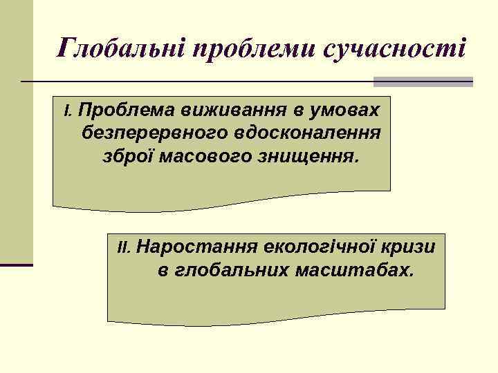 Глобальні проблеми сучасності І. Проблема виживання в умовах безперервного вдосконалення зброї масового знищення. ІІ.