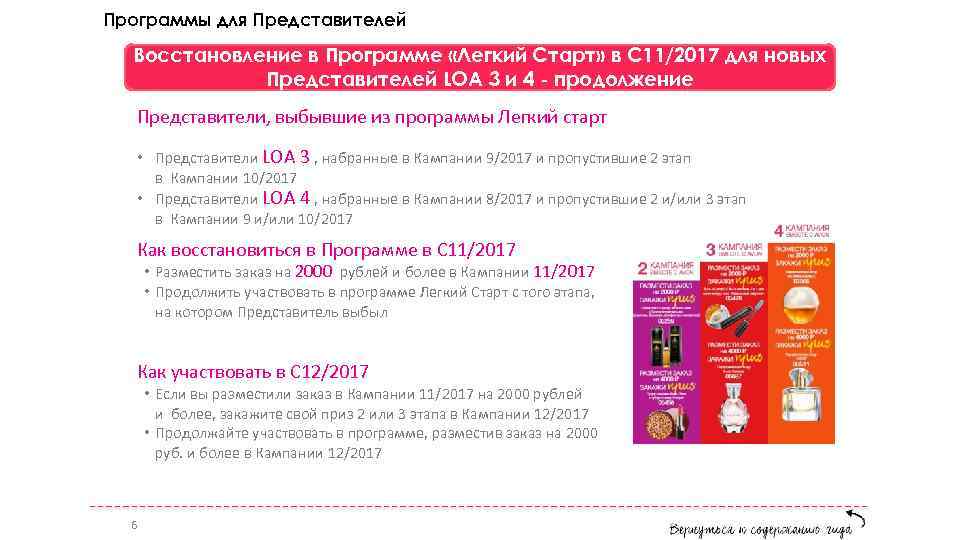 Программы для Представителей Восстановление в Программе «Легкий Старт» в C 11/2017 для новых Представителей