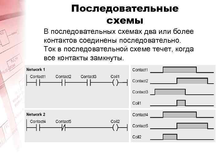 Последовательные схемы В последовательных схемах два или более контактов соединены последовательно. Ток в последовательной