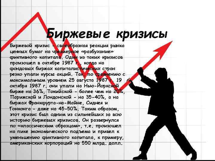 Биржевые кризисы Биржевой кризис - своеобразная реакция рынка ценных бумаг на чрезмерное «разбухание» фиктивного