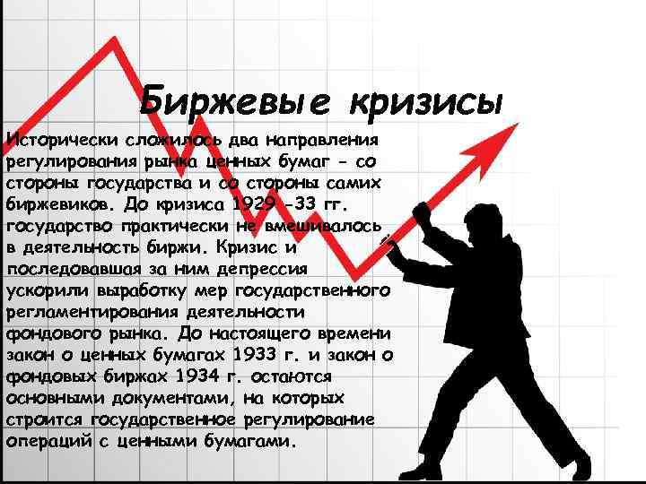 Биржевые кризисы Исторически сложилось два направления регулирования рынка ценных бумаг - со стороны государства