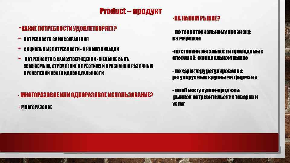 Product – продукт -КАКИЕ ПОТРЕБНОСТИ УДОВЛЕТВОРЯЕТ? - ПОТРЕБНОСТИ САМОСОХРАНЕНИЯ СОЦИАЛЬНЫЕ ПОТРЕБНОСТИ - В КОММУНИКАЦИИ