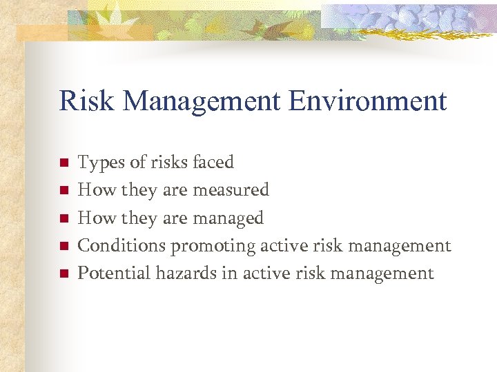 Risk Management Environment n n n Types of risks faced How they are measured