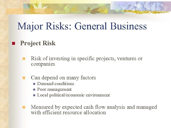 Major Risks: General Business n Project Risk n Risk of investing in specific projects,