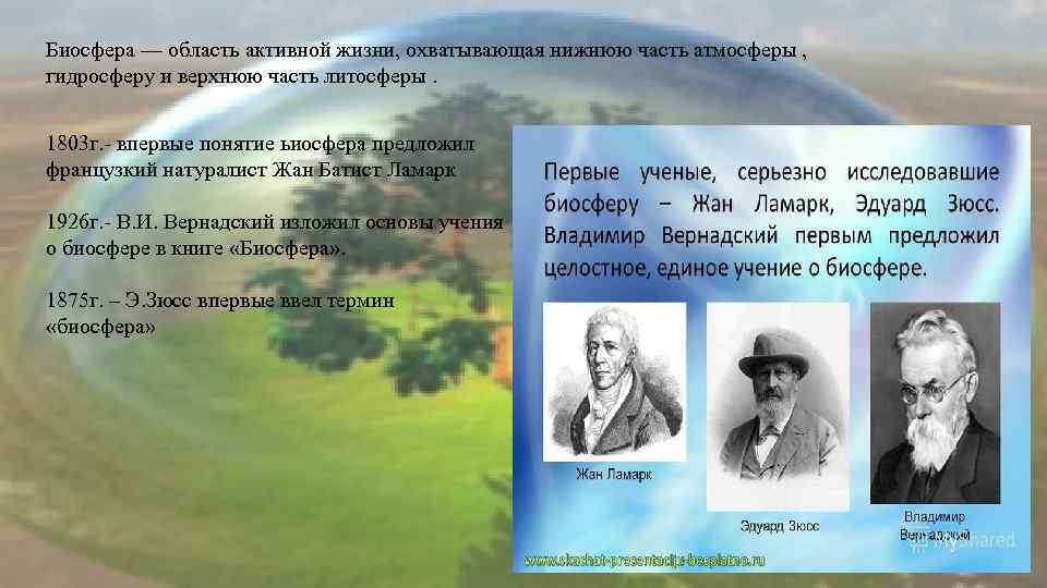 Биосфера — область активной жизни, охватывающая нижнюю часть атмосферы , гидросферу и верхнюю часть