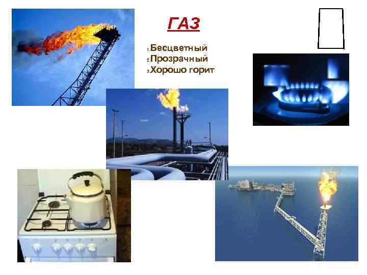 ГАЗ Бесцветный 2. Прозрачный 3. Хорошо горит 1. 