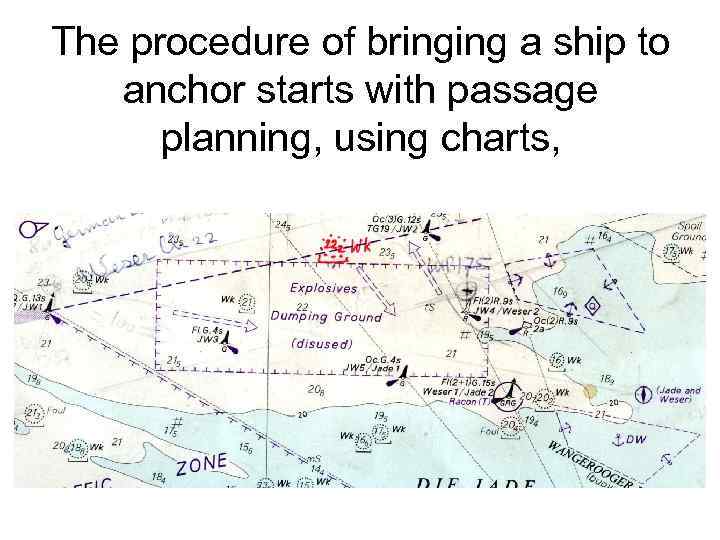 The procedure of bringing a ship to anchor starts with passage planning, using charts,
