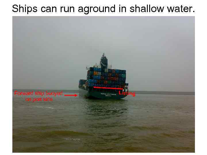 Ships can run aground in shallow water. Forward ship buoyed on port side Listing