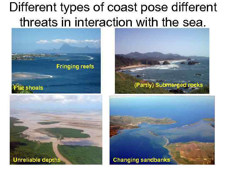Different types of coast pose different threats in interaction with the sea. Fringing reefs