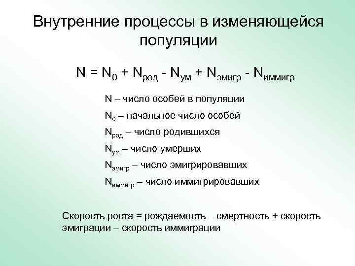 Внутренние процессы в изменяющейся популяции N = N 0 + Nрод - Nум +