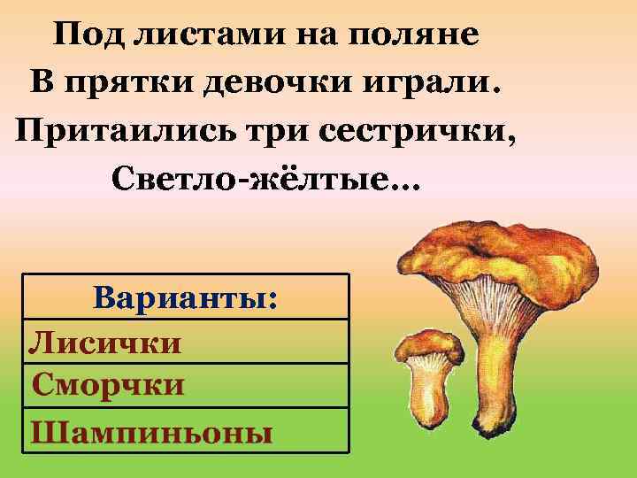 Под листами на поляне В прятки девочки играли. Притаились три сестрички, Светло-жёлтые… Варианты: Лисички