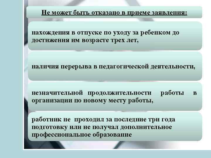 Не может быть отказано в приеме заявления: нахождения в отпуске по уходу за ребенком