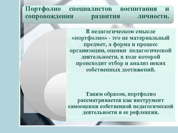 Портфолио специалистов воспитания и сопровождения развития личности. В педагогическом смысле «портфолио» - это не