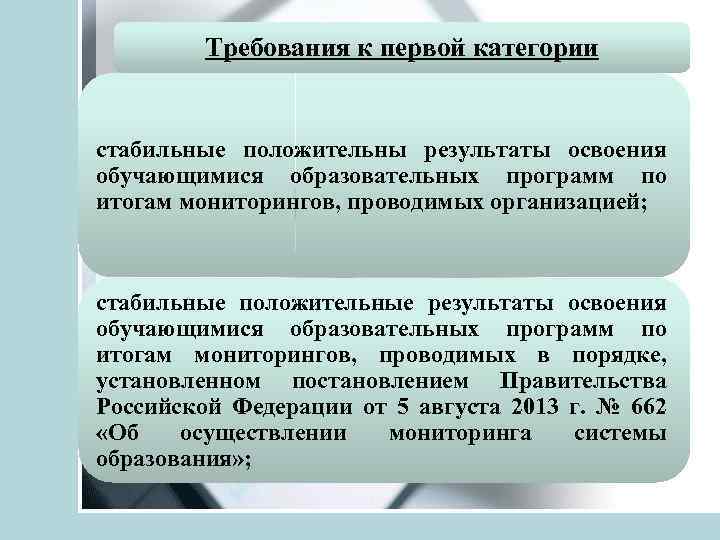 Требования к первой категории стабильные положительны результаты освоения обучающимися образовательных программ по итогам мониторингов,
