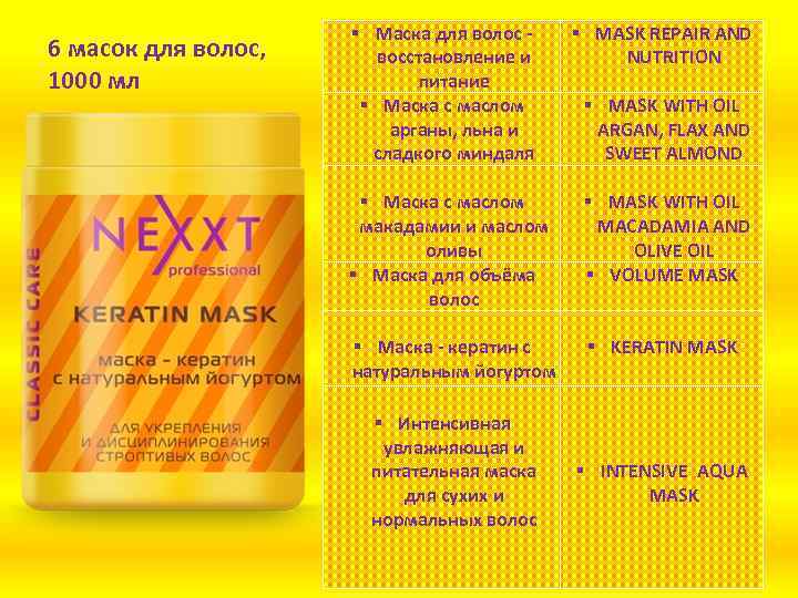6 масок для волос, 1000 мл § Маска для волос восстановление и питание §