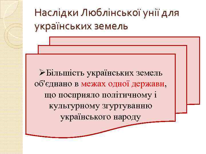Наслідки Люблінської унії для українських земель ØБільшість українських земель об'єднано в межах одної держави,