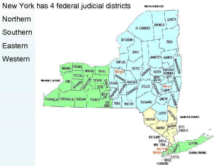 New York has 4 federal judicial districts Northern Southern Eastern Western 