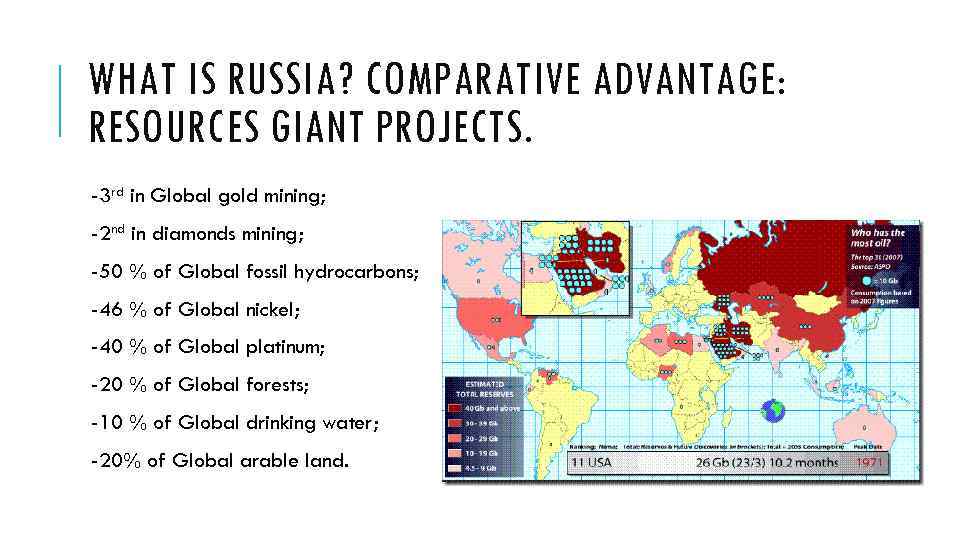 WHAT IS RUSSIA? COMPARATIVE ADVANTAGE: RESOURCES GIANT PROJECTS. -3 rd in Global gold mining;