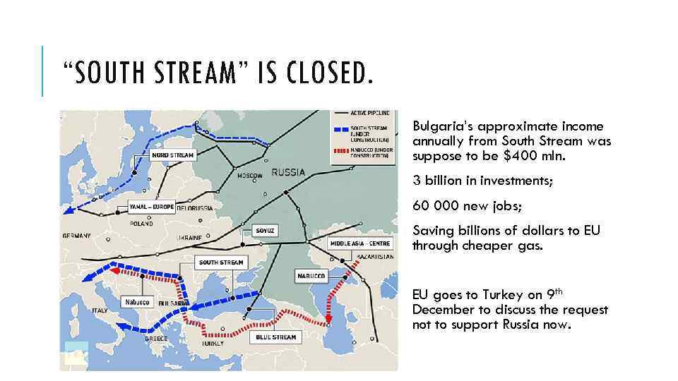“SOUTH STREAM” IS CLOSED. Bulgaria’s approximate income annually from South Stream was suppose to