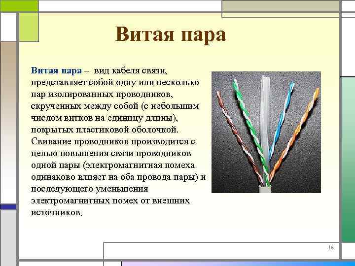 Витая пара – вид кабеля связи, представляет собой одну или несколько пар изолированных проводников,
