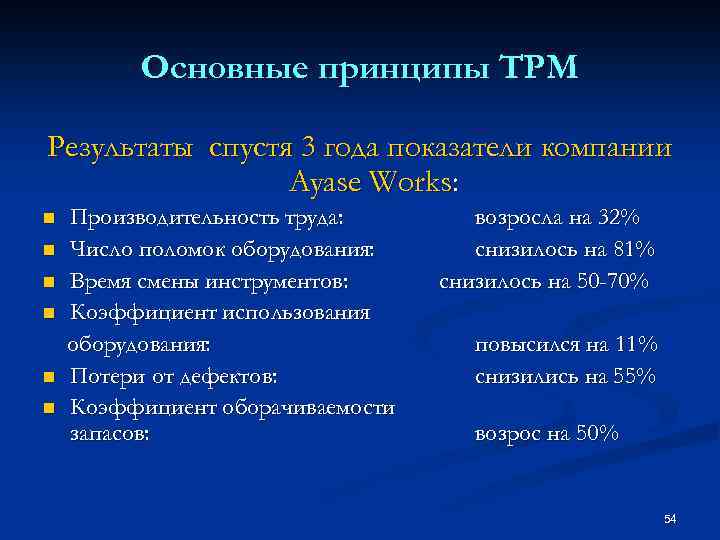 Основные принципы TPM Результаты спустя 3 года показатели компании Ayase Works: n n n