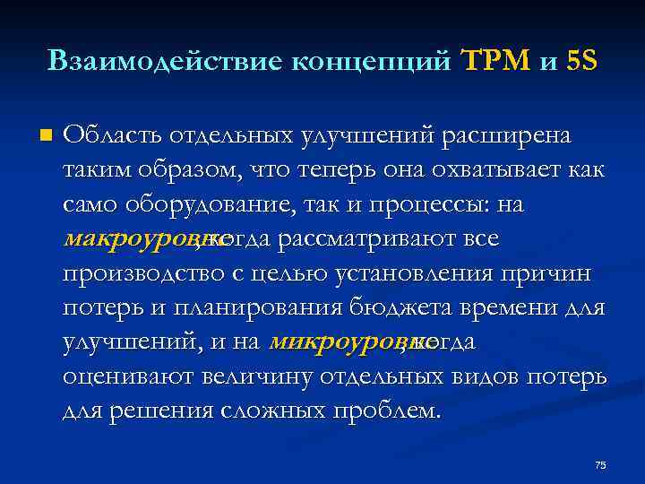 Взаимодействие концепций TPM и 5 S n Область отдельных улучшений расширена таким образом, что