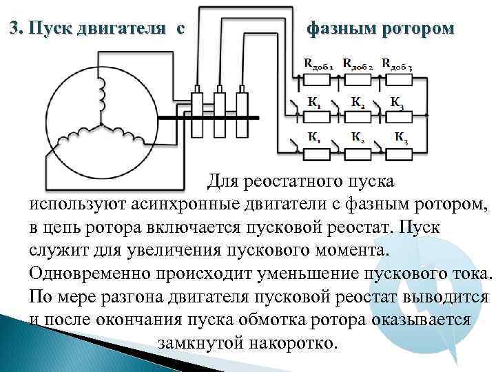 Процесс пуска двигателя. Схема реостатного пуска 3 фазного асинхронного двигателя. Способы пуска асинхронного двигателя с фазным ротором. Схема подключения роторного электродвигателя. Схема включения электродвигателя с фазным ротором.