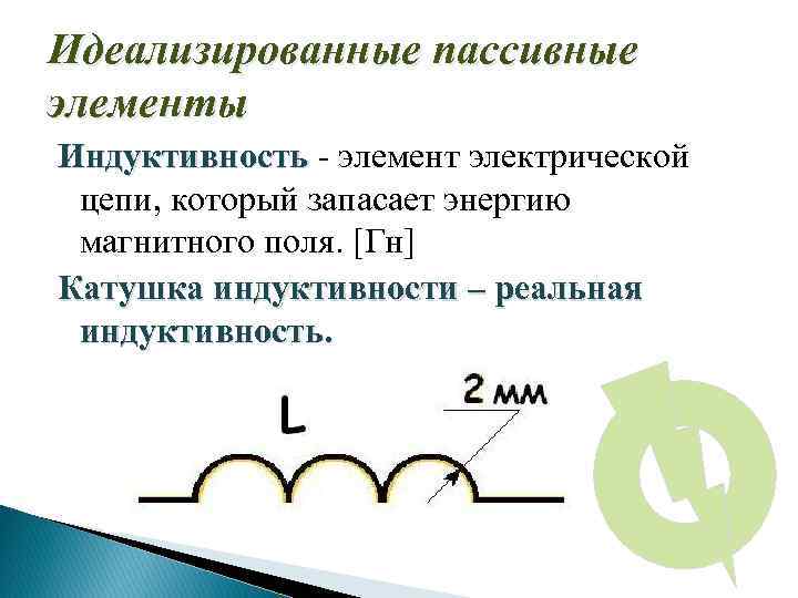 Идеализированные пассивные элементы Индуктивность - элемент электрической цепи, который запасает энергию магнитного поля. [Гн]