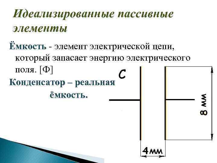 Идеализированные пассивные элементы Ёмкость - элемент электрической цепи, который запасает энергию электрического поля. [Ф]