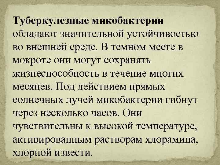 Туберкулезные микобактерии обладают значительной устойчивостью во внешней среде. В темном месте в мокроте они