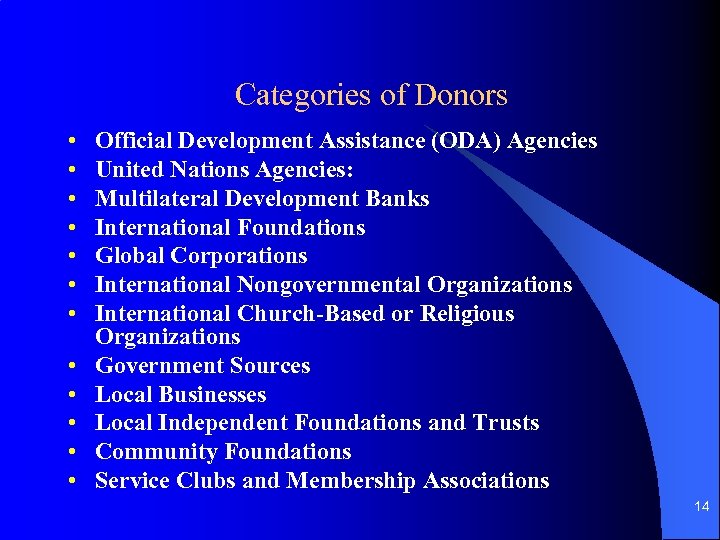 Categories of Donors • • • Official Development Assistance (ODA) Agencies United Nations Agencies: