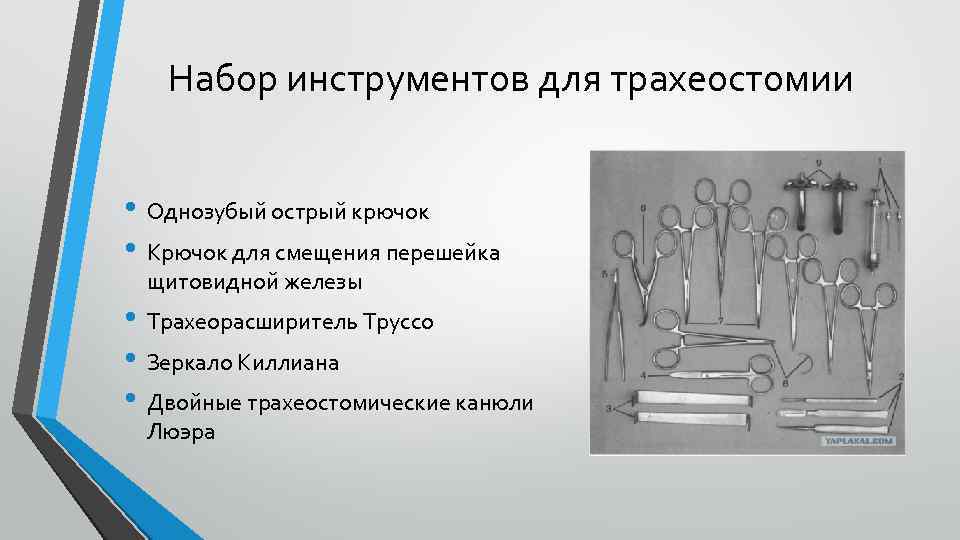 Набор инструментов для трахеостомии • Однозубый острый крючок • Крючок для смещения перешейка щитовидной