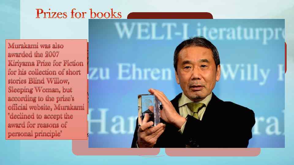 1979: Gunzo Award (best first novel) for Hear the Wind Sing Murakami was also