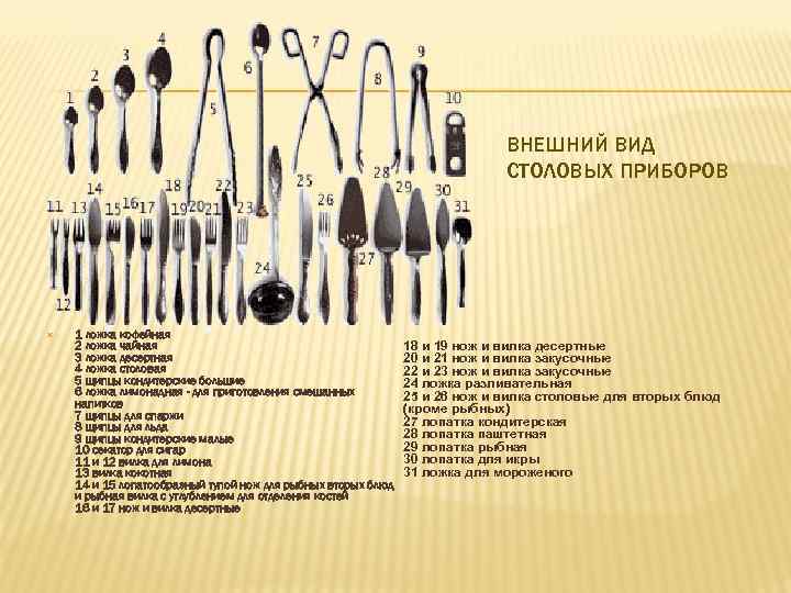 ВНЕШНИЙ ВИД СТОЛОВЫХ ПРИБОРОВ 1 ложка кофейная 2 ложка чайная 3 ложка десертная 4