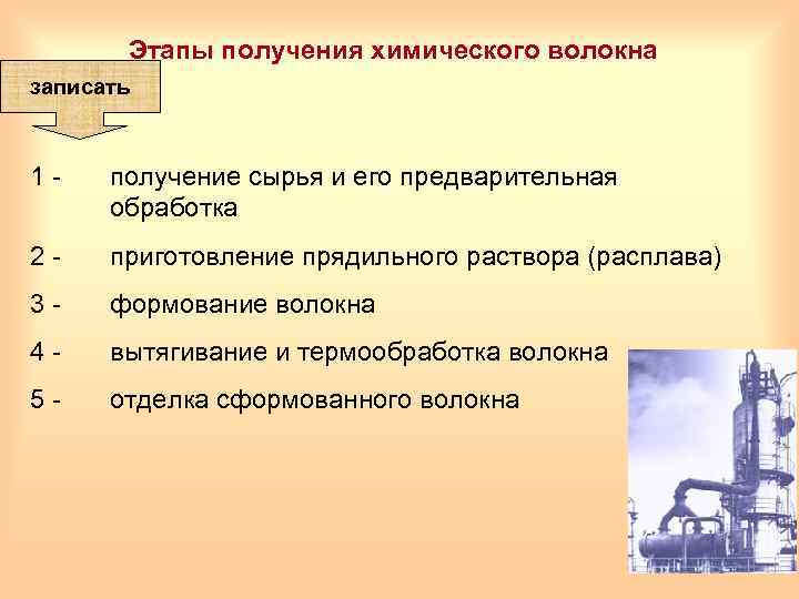 Этапы получения химического волокна записать 1 - получение сырья и его предварительная обработка 2