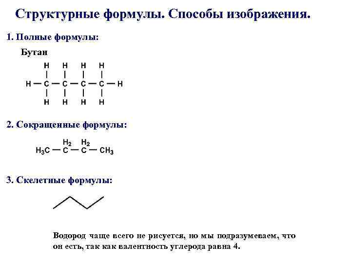 Структурные формулы. Способы изображения. 1. Полные формулы: Бутан 2. Сокращенные формулы: 3. Скелетные формулы: