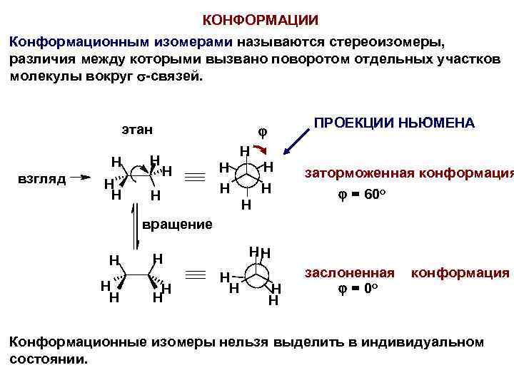 КОНФОРМАЦИИ Конформационным изомерами называются стереоизомеры, различия между которыми вызвано поворотом отдельных участков молекулы вокруг